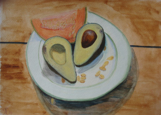 Still Life with Avocado, Russell Steven Powell watercolor on paper, 11x15