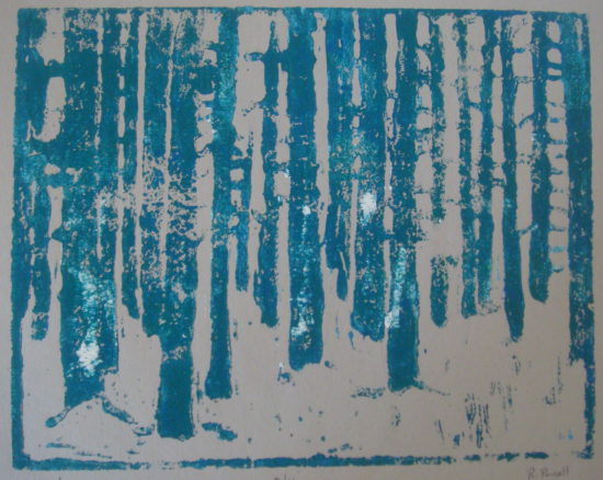 February Forest (2 of 4), Russell Steven Powell acrylic linoprint on paper, 8x10
