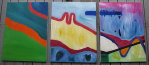 Downstream (Triptych), Russell Steven Powell oil on canvas, 24x54