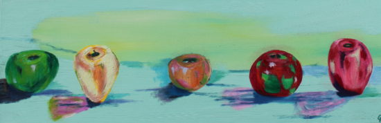 Five apples, Russell Steven Powell oil on canvas, 12x36