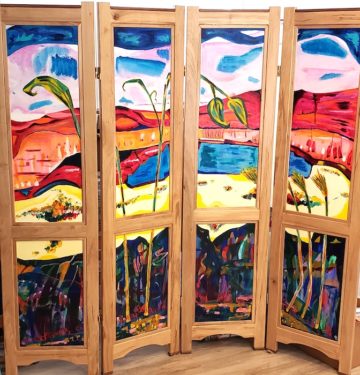 Folding screen, frame by Jonathan A. Wright, painting by Russell Steven Powell